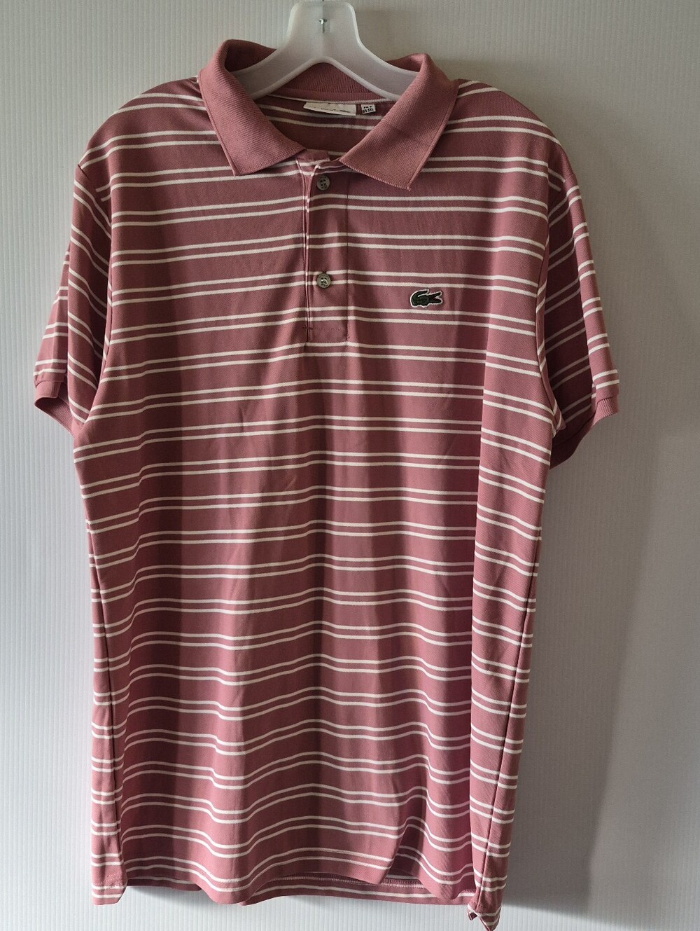 Lacoste Dusty Pink & White Striped Polo Shirt - Euro 3XL, fits like a L/XL